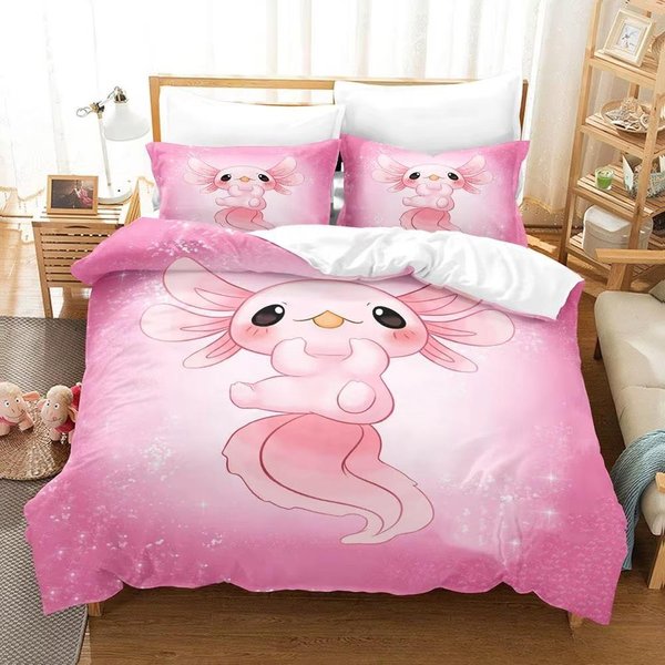 Juego De Cama Kawaii Animal Axolote Cubrecama Adulto NiñO DecoracióN Dormitorio Funda NóRdica Juego De Fundas De Almohada Individual Twin Completo Queen King Size EU Single 135X200Cm Pink-image