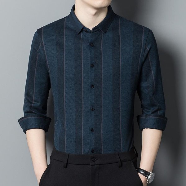 OtoñO E Invierno Nuevo Casual De Negocios Camisa BáSica De Rayas Para Hombre Camisa CáLida De Manga Larga Camisa Casual De Manga Larga Para Hombre Xxxxl Black-image