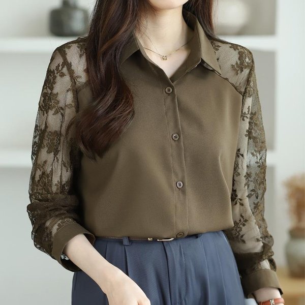 Camisa Top CáRdigan De ChifóN Con Encaje En El Cuello Y Parche De Encaje 2XL MarróN Oscuro-image