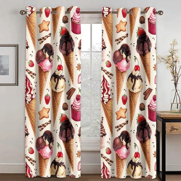 Cortina De Alta ProteccióN Solar Con DiseñO De Postre De Moda, Helado, Piruleta, Donut Para Dormitorio De NiñAs, Sala De Estar, Hotel, Estudio, Ventana, 2 Paneles, ProteccióN Solar W55 X H120Cm X 2&Grommet Top-image
