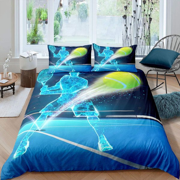 Juego De Funda NóRdica De Pelota De Tenis Juego De Cama TemáTico De Juego Deportivo TamañO Individual Para NiñOs Adolescentes Adultos Funda NóRdica De Pelota Raqueta De Tenis 150X200Cm 3Pcs Blue-image