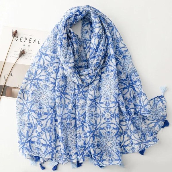 Bohemia Luksusowy Kwiatowy Damski Szalik Czterosezonowy Szał Szal BawełNa Len Tassel Pasmina MuzułMańSki HidżAb Owijka Pani Wiskozowy Szalik 88X180Cm-image