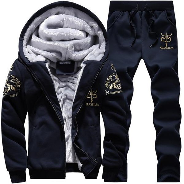Gruby Dres MęSki Jesienno-Zimowy CiepłY Casual MęSki Zestaw Z Nadrukiem Kurtka Z Kapturem + Spodnie Dresowe 2 Sztuki Zestawy Streetwear XXL Niebieski-image