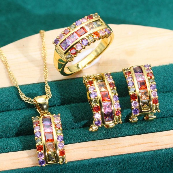 Conjunto De JoyeríA De Oro Con Collar, Pendientes Y Anillo De Zirconia De Color Estilo Europeo Y N AntialéRgico 9 Yards Brown-image