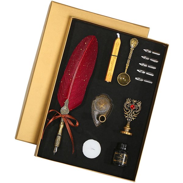Set De Pluma Y Tinta Vintage Pluma De Ave Brillante Pluma EstilográFica Pluma De CaligrafíA Pluma De Punta Fina Pluma Para Escribir Firma Con Repuestos Wine Red-image