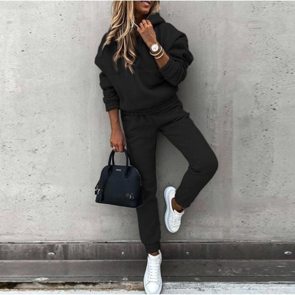 Jesień Zima Moda Polar DłUgi RęKaw Sportowy Codzienny Bluza Zestaw 2 CzęśCiowy Dresowy StróJ S-image