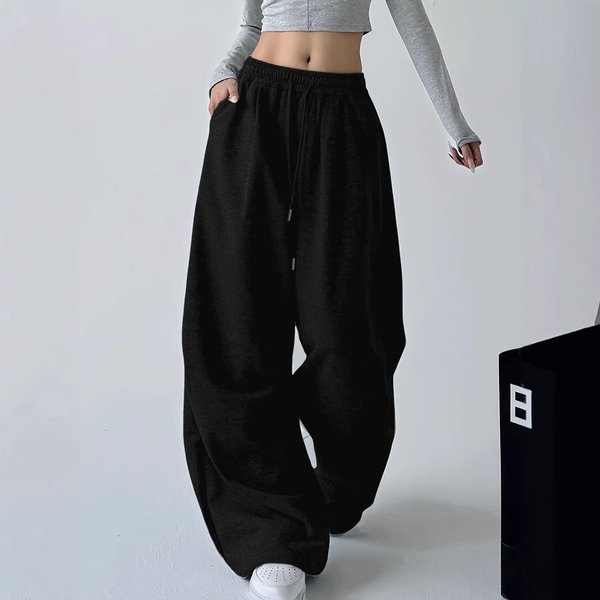 Damskie Spodnie Dresowe Elastyczne Wysoki Stan Szerokie Nogawki LuźNe Spodnie Sportowe Codzienne Spodnie Do Biegania Streetwear 2XL Czarny-image