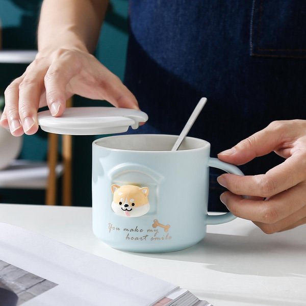 TróJwymiarowy Shiba Inu Uroczy KreskóWkowy Kubek Ceramiczny Pies Akita Kubek Z Pokrywką ŁYżEczka Student Biuro Dom Kubek Do Wody Para 301-400Ml-image