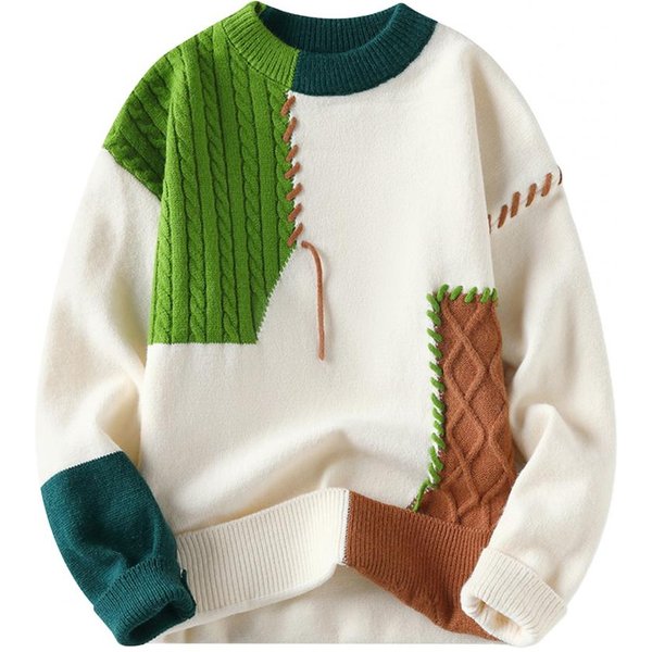 Jesień Zima MęSki Sweter Blokowanie KoloróW Krojony Design OkrąGłY Dekolt LuźNy Dzianinowy Pulower Gruby CiepłY Sweter Bazowy Casual XL Szary-image