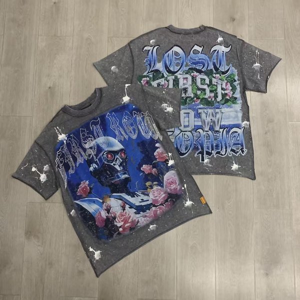 Camiseta Corta Lavada Vintage Con Diamantes FlowStreet Para Hombre Cuello Redondo Manga Corta Holgada AlgodóN Camisetas Con PedreríA Oversize L-image