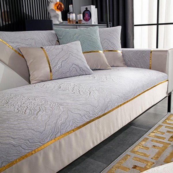 Funda De Sofá PatróN Hojas Lujo Ligero Borde Dorado Color SóLido Grueso Chenilla Funda De Sofá CojíN De Sofá Antideslizante Para Sala De Estar 70X70Cm 1Pcs-image