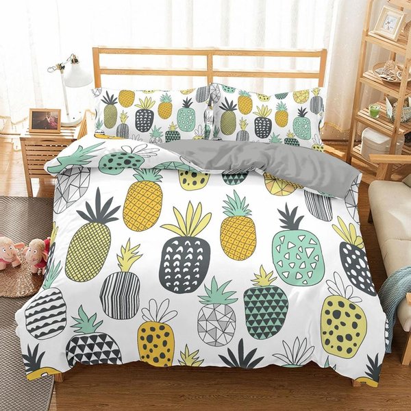 Poszewka Na KołDrę Owoc Ananas KróLowa KróL 3D ŻółTy Tropikalny Owoc PośCiel RośLiny Poszewka Na KołDrę 2/3 Szt. Poliester Pokrowiec Na KołDrę EU Single(135X200Cm)-image