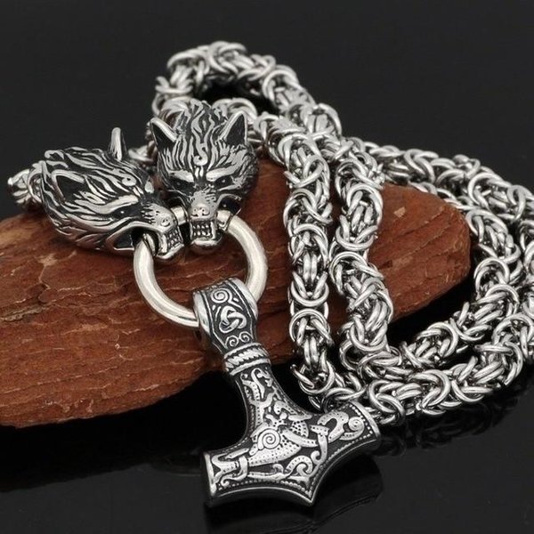 Osobowość Mody GłOwa Wilka Ze Stali Nierdzewnej I Viking MłOt Thora Wisiorek Naszyjnik Dla MęSka Nordic Celtic Symbol BiżUteria Gray-image
