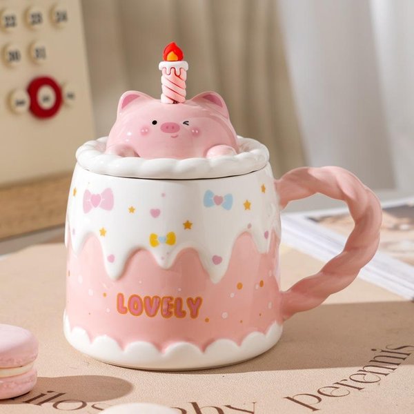 Taza De Pastel De CumpleañOs Linda Con Tapa Cuchara Animal De Dibujos Animados Taza De Café De CeráMica Taza De Agua De Oficina De Aspecto Elevado 450Ml-image