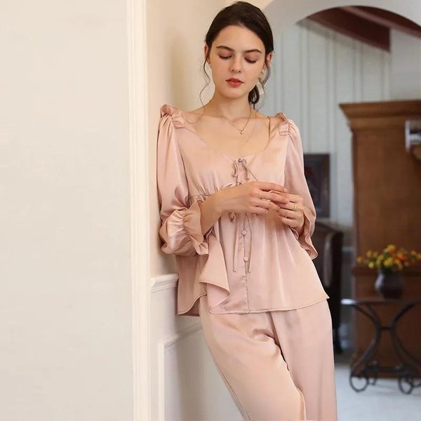 Pijama De Seda De Hielo Para Mujer Traje De Manga Larga Primavera Y OtoñO Delgado Estilo Palacio Retro Dulce Sexy Reductor De Edad Ropa Para El Hogar Verano XL Gray-image