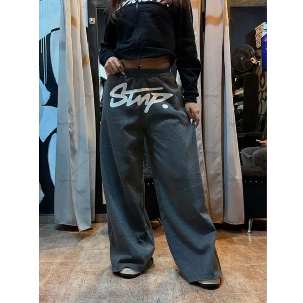 Spodnie Y2K Harajuku Street Wear Jogger AmerykańSki Retro Z Nadrukiem Liter Sportowe Modne Hip Hop LuźNe Szerokie Nogawki M Gray-image