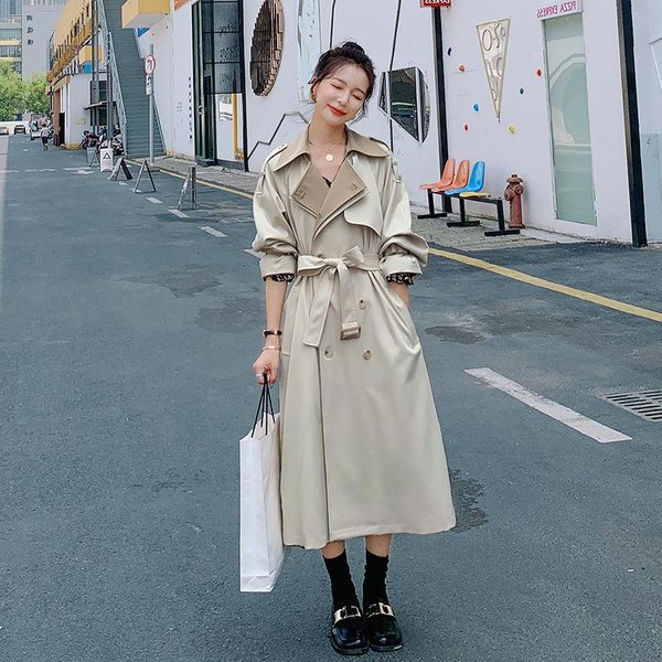 Cortavientos Blanco Crudo Mujer Longitud Media OtoñO Nuevo Estilo Coreano Retro Estilo BritáNico Cintura Larga Abrigo XL Gray-image