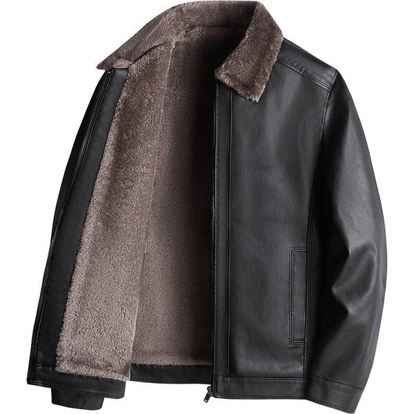 Invierno Nueva Chaqueta De Terciopelo Para Hombre Cuero PU Juvenil Solapa CáLida Mediana Edad Y Anciano Padre 4XL Black-image