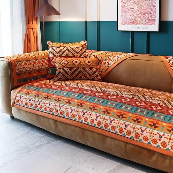 CojíN De Sofá De Chenilla Bohemio Toalla Para Respaldo Naranja Universal Para Las Cuatro Estaciones Antideslizante Funda Para Sofá PatróN GeoméTrico Toalla Para Sofá 70X70Cm 1Pcs Blue-image