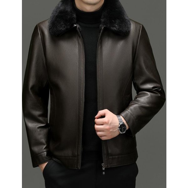 Chaqueta De Piel De Oveja Todo En Uno Para Hombre De Mediana Edad Con Solapa Corta Y Chaqueta De Cuero Engrosada Con Terciopelo 2XL Black-image