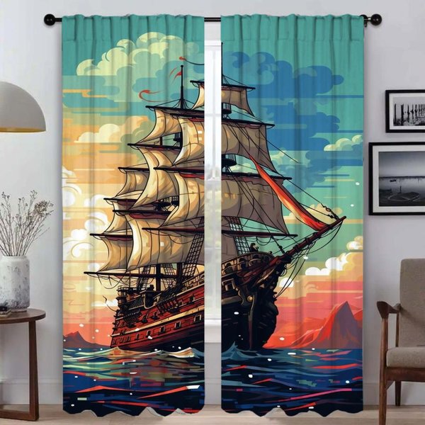 Cortina De Ventana Para HabitacióN 2 Paneles IlustracióN De Barco ParticióN Cortinas Opacas DecoracióN De Halloween Cortinas Para Interior Del Hogar Estores W50Xh70Cmx2Pcs-Cl-image