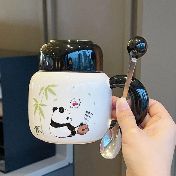 Prezent Na UkońCzenie SzkołY PamiąTka Dla Nauczyciela Dziewczyna SłOdki Ceramiczny Kubek Z Pokrywką Panda Kubek Na Wodę Kreatywny Praktyczny Kubek 401-500Ml Black-image