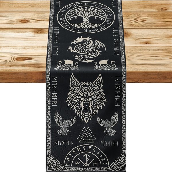 Wikingowie Mitologia Nordycka Drzewo Kruk Len BieżNik Na Stół Szal Na Komodę Dekoracja StołU Styl Rustykalny Kuchnia BieżNik Na Stół Jadalny Dekoracja Imprezowa 150X33Cm White-image