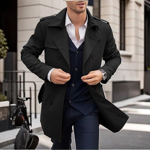 Abrigo De Hombre OtoñO Y Primavera Largo Medio Doble Botonadura Casual Gabardina XL Black-image