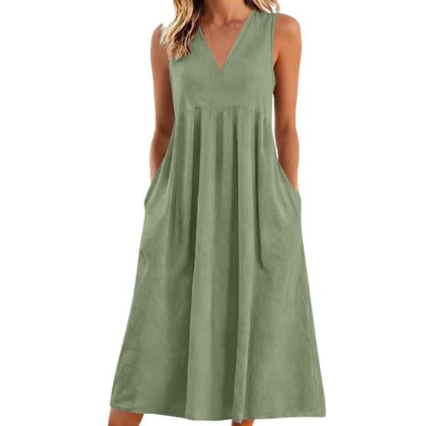 Vestido Casual De Lino Para Mujer Verano Sin Mangas Cuello En V Vestido De Sol Holgado LíNea A Camiseta Midi Con Bolsillo XXL Verde Claro-image
