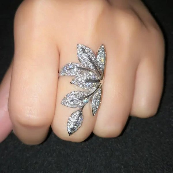 Anillo De Hoja Exagerado Huitan Completamente Incrustado Con Circonita CúBica Deslumbrante Accesorios Para El Dedo De Mujer Fiesta De Bodas Lujo Moda JoyeríA 8 White-image