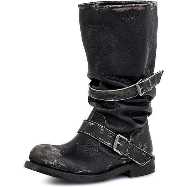 Buty Motocyklowe Damskie W Stylu Vintage Na Platformie Z Klamrą, Stylowe, Z Kwadratowym Noskiem, Na Grubym Wysokim Obcasie, Do PołOwy łYdki, Retro, Motocyklowe 37-image