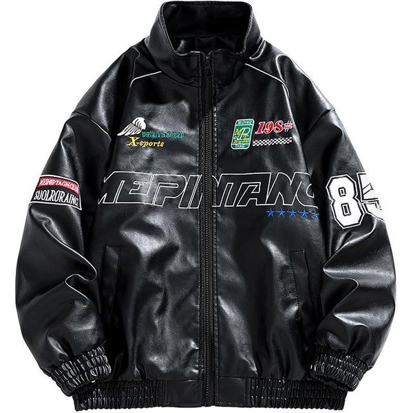 Nowa Jesienna Kurtka Motocyklowa Ze StóJką Ze SkóRy PU Styl KoreańSki Modna Haftowana Casualowa Kurtka 2XL-image