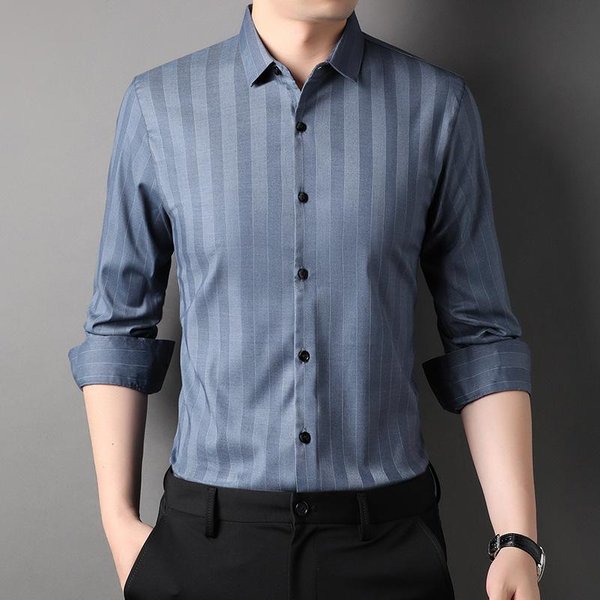 Camisa De Manga Larga De Moda Para Hombre Nueva De OtoñO Camisa Casual Temperamento De Negocios Cuello Solapa Camisa Guapa 185/3XL Gray-image