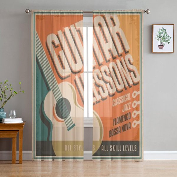 DiseñO De PóSter Vintage Para Lecciones De Guitarra Cortinas TraslúCidas Para Sala De Estar Cortina De Tul Para Ventana Dormitorio Cocina Visillo Cortinas 135W X 114H(Cm) Beige-image