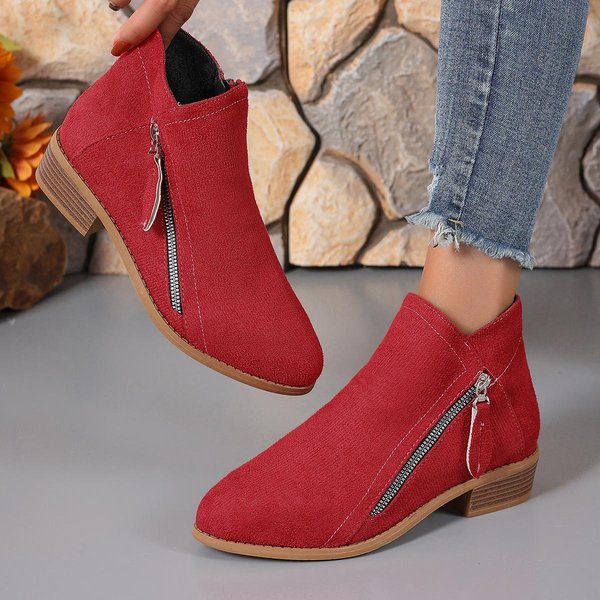 Buty Damskie, Botki Damskie, Zamsz, OkrąGłY Nosek, Zamek Boczny, Gruby Obcas, SkóRzane Buty, Damskie KróTkie Botki 41 Czerwony-image