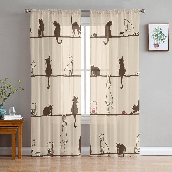 Zabawne Koty Tiulowe Przezroczyste ZasłOny Okienne Do Salonu Sypialni Nowoczesne Szyfonowe Woalowe Organzowe ZasłOny Dekoracyjne Draperie 135W X 114H(Cm) White-image