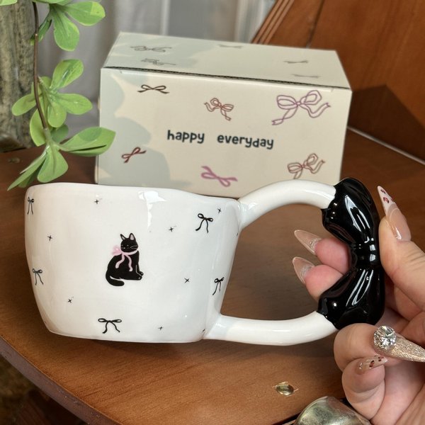 Kubek Ceramiczny Z Uchwytem Motylkowym I DużYm Uchem, Hurtowy, Kubek O Wysokiej WartośCi, Kreatywny Kubek Do Kawy Z KreskóWkowym Wzorem, Prezent 300Ml White-image