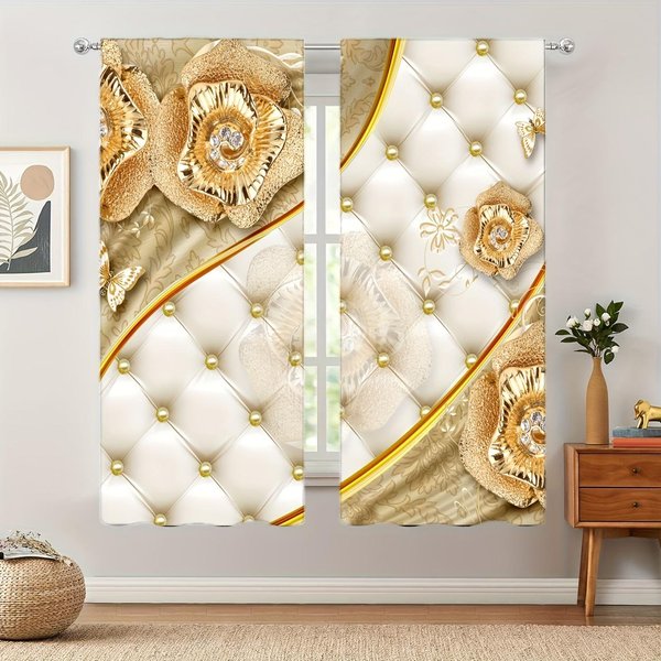 2 Cortinas Decorativas Con Elementos Retro Dorados Europeos Para Ventanas, Tratamientos Para Dormitorio, Sala De Estar, DecoracióN Del Hogar 150W166H(Cm)59X65In&Rod Pocket-image