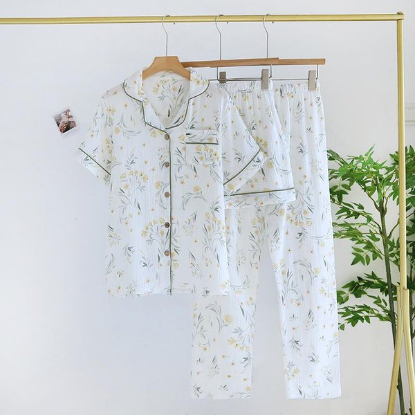 Nuevo Conjunto De Pijama De Tres Piezas Para Mujer Primavera Y Verano 100% AlgodóN Crepé Delgado Manga Corta + Pantalones Cortos + Pantalones M White-image