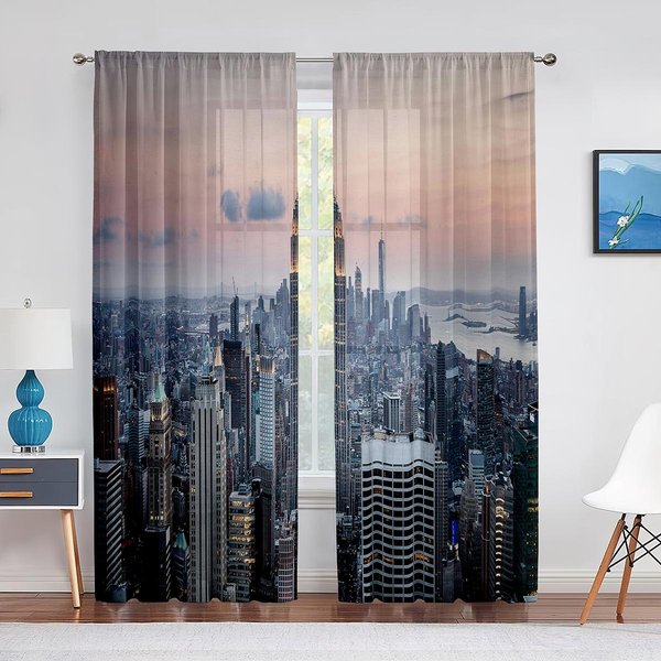 Pejzaż Miejski Budynki Biznesowe Sylwetki Miasto Tiulowe ZasłOny Do Dekoracji Salonu Sypialni Przezroczysta Woalowa ZasłOna Okienna 1 PCS W100Xh250Cm&Grommet Top Gray-image