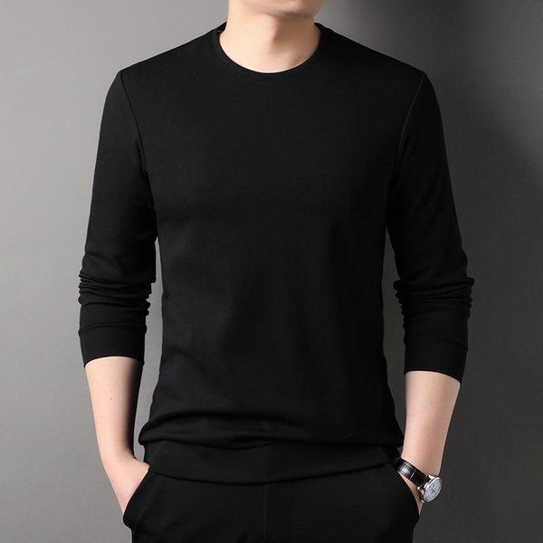 Camiseta De Manga Larga Para Hombre, Nueva Camiseta De Primavera Para JóVenes Y De Mediana Edad, Sencilla, Informal, De Color SóLido, Con Cuello Redondo XL Black-image