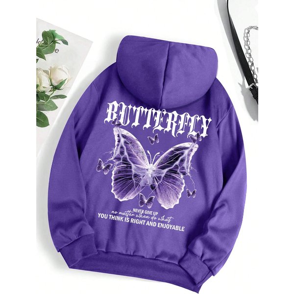 PięKne Fioletowe Bluzy Z Kapturem Z Nadrukiem Motyla Dla Kobiet, Polarowa Bluza Z Kieszenią, Prosta Codzienna Bluza Z Kapturem, Jesienna LuźNa Damska Odzież Uliczna 3XL-image