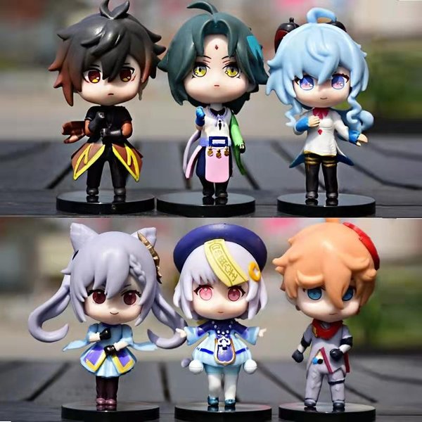 6 Uds./Juego Figuras De Anime Genshin Impact Juego Dibujos Animados Aether Lumine Amber Venti Diluc Paimon MuñEcos Juguete Personaje Kawaii Regalo Black-image