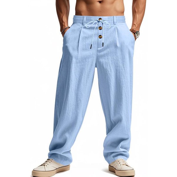 Pantalones Largos Casuales Deportivos Sueltos De AlgodóN Lino Transpirables Para Hombre - ColeccióN Primavera/Verano XL Azul Claro-image