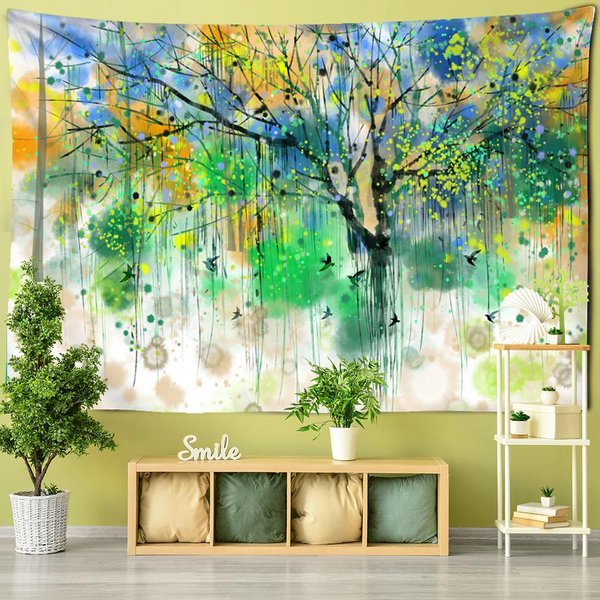 Tapiz Colgante De Pared Pintura Al ÓLeo Salpicada Van Gogh ÁRbol Colorido Bohemio Sala De Estar Alfombrilla De Mesa Arte DecoracióN Del Hogar 95X70Cm Green-image
