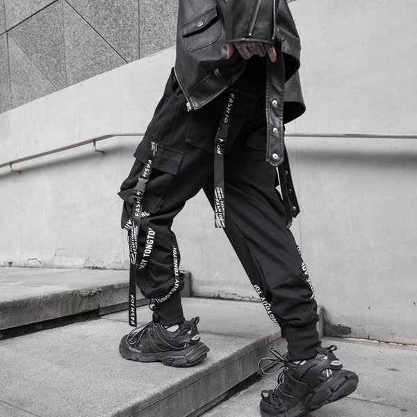 Biegaczy Spodnie Cargo Dla MężCzyzn Casual Hip Hop Hit Color Pocket MęSkie Spodnie Dresowe Streetwear WstążKi Spodnie Techwear S Black-image