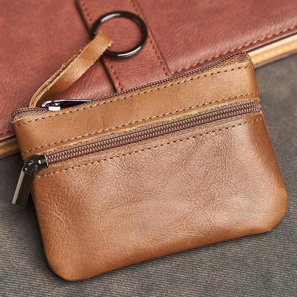 SkóRzana Mini Portmonetka Na Monety, Torba Na Karty, RęCznie Robiony Portfel Na Zamek BłYskawiczny, Etui Na Kluczyk Samochodowy, KróTki Damski Portfel, Etui Na Klucze BrąZowy-image