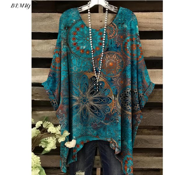 Bohemian Kwiatowa Tunika Plus Size Damska Bohemian Kwiatowy WzóR Tunika T-Shirt KróTki RęKaw OkrąGłY Dekolt Swobodny Top 3XL-image