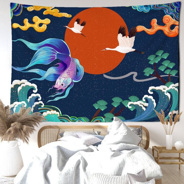 Grulla De Hada Koi Pintura Al ÓLeo Tapiz Colgante De Pared Bohemio Misterioso PsicodéLico Sala De Estar Dormitorio DecoracióN Del Hogar 95X70Cm Red-image