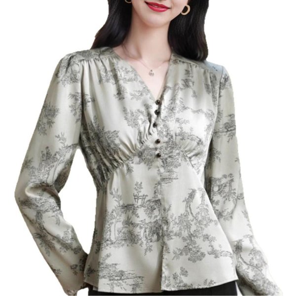 Camisa De Moda Con Estampado Y Cuello En V Para Mujer Cintura Alta Estilo Extranjero De Gama Alta Camisa Que Reduce La Edad Nueva Primavera Top De Manga Larga 3XL Gray-image
